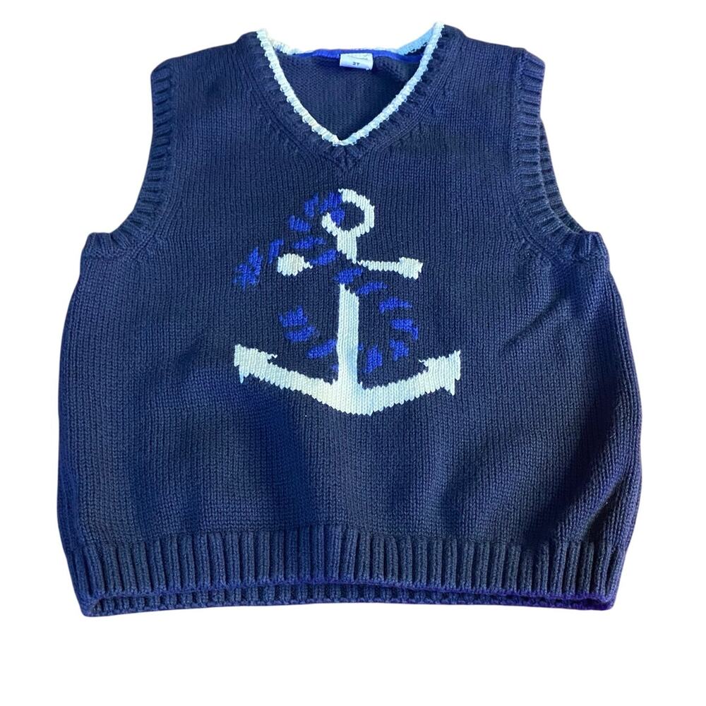 Janie and Jack navy blue‎ white anchor knit boys sweater vest SIZE 2T